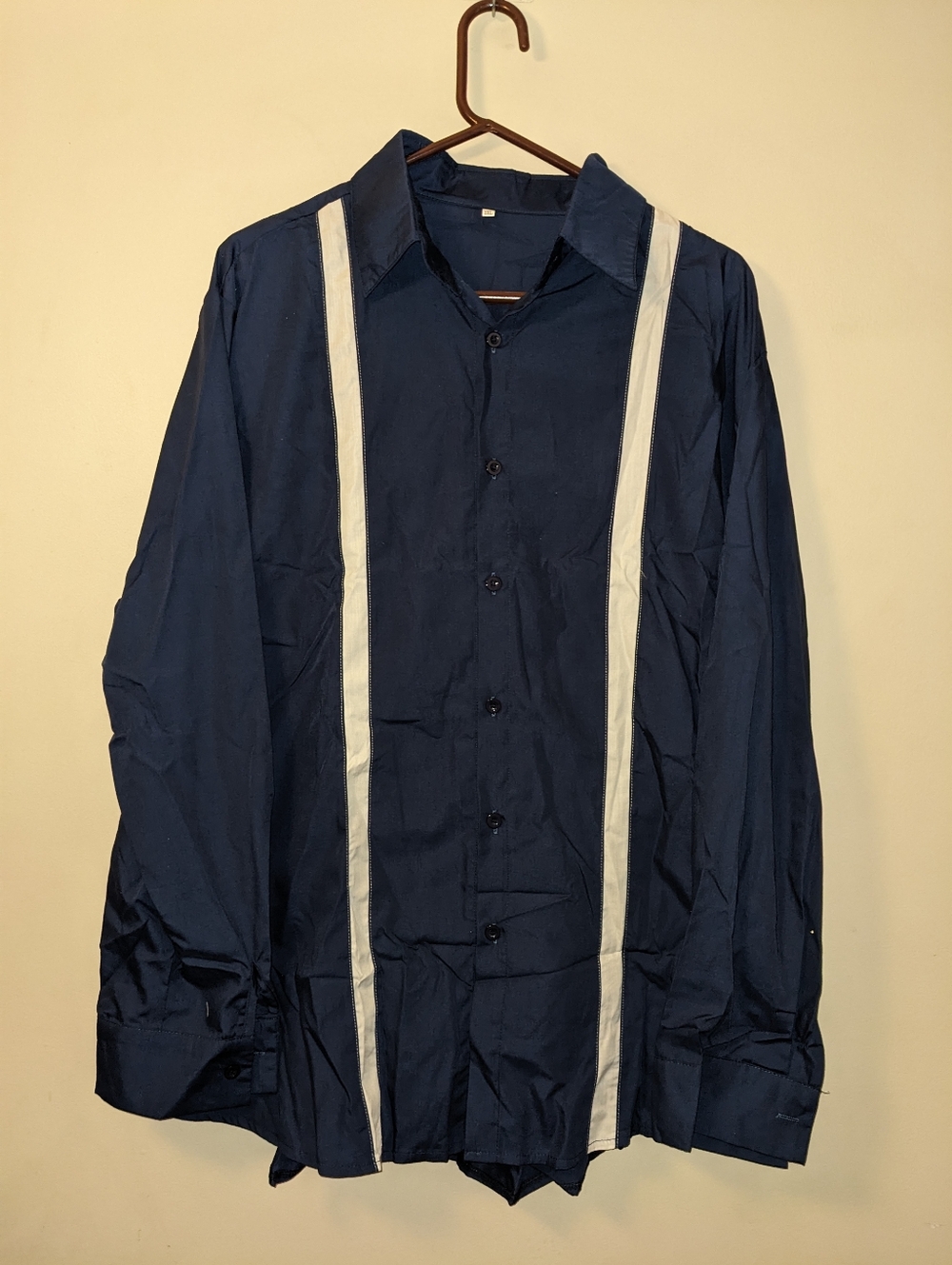Men's Navy Long-Sleeve Button-Up Shirt with White Stripes